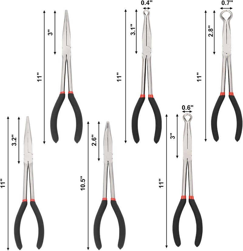 Mayouko 6PCS Extra Long Reach Pliers Set, 11" Straight, 45 and 90 Bent Nose, 5/16", 1/2" and 3/4" Circle Nose Pliers - Image 2